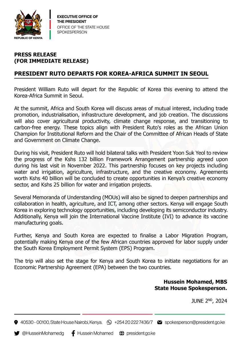 HusseinMohamedg's tweet photo. Press Release:

President ⁦@WilliamsRuto⁩ departs for Korea- Africa Summit. https://t.co/PtXDmuyFVo