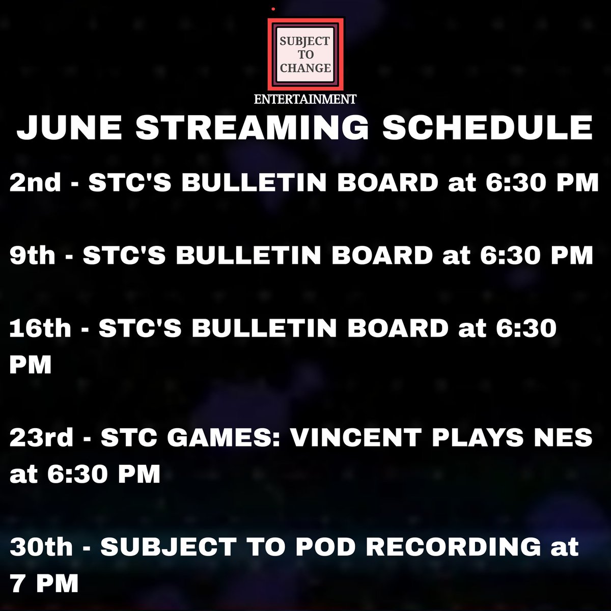 STC_Entertain's tweet photo. Join us tonight for another ROUSING game of STC's Bulletin Board!

We stream every Sunday, so go over and subscribe to be notified when it's all going down!

#streaming #stc #bulletinboard #gaming #podcast https://t.co/DtG1yC3qxN