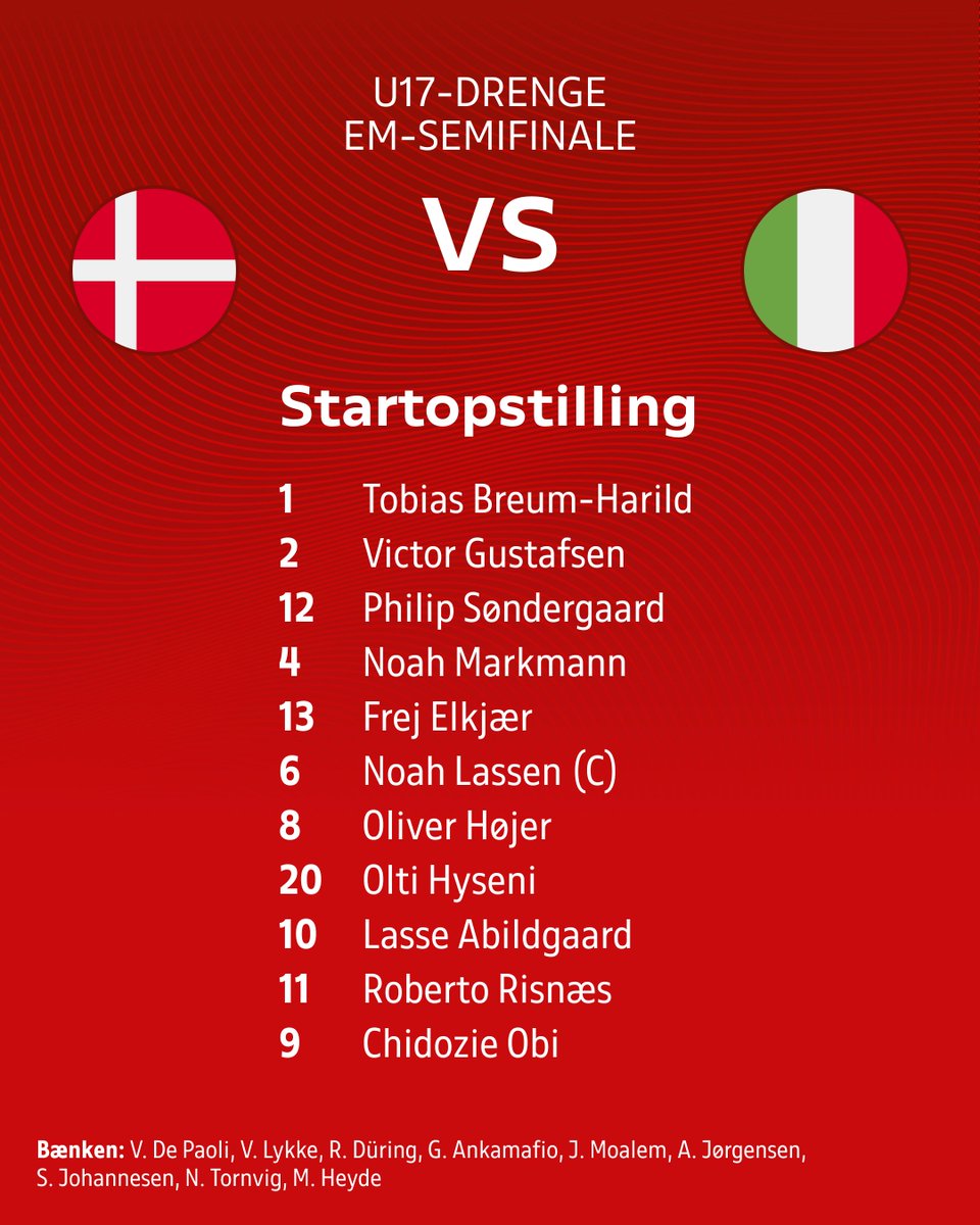 🇩🇰 STARTOPSTILLING 🇩🇰 Her er de 11 spillere, som starter for Danmark i EM-semifinalen mod Italien. 🏟️ Antonis Papadopoulos Stadium 🕢 19.30 📺 DRTV Kom så, gutter! 🔴⚪