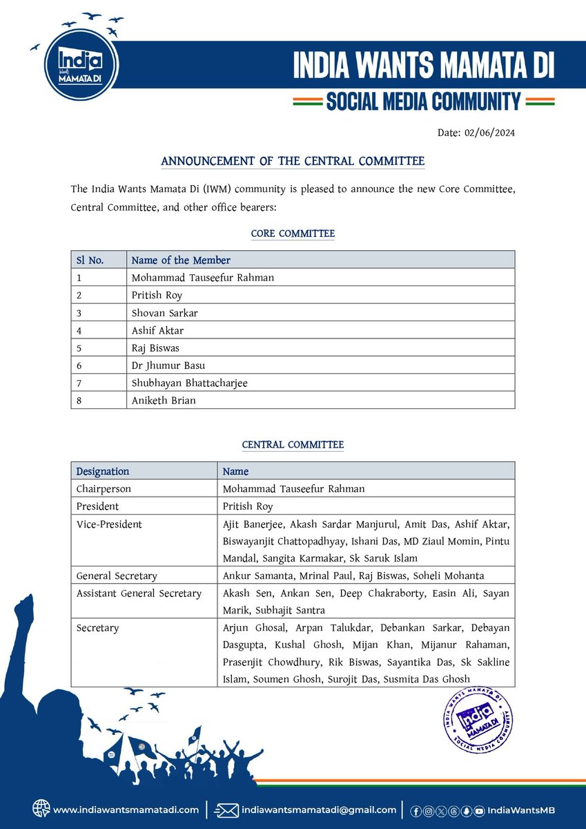 IndiaWantsMB's tweet photo. The India Wants Mamata Di (@IndiaWantsMB) community is pleased to announce the new Central Committee. https://t.co/7WIm7IV5r4