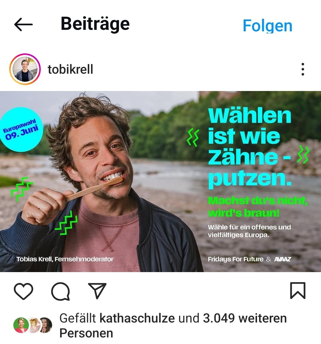 foersterjoerg's tweet photo. #CheckerTobi Tobias Krell (BR) wirbt auf Instagram mit einer Zahnbürste für ein "offenes und vielfältiges Europa".
Sowas nach #Mannheim rauszuhauen erfordert schon ein ausgesprochen hohes Maß an Dummheit.
#Europawahlen2024 https://t.co/kf6PoB6Fbz