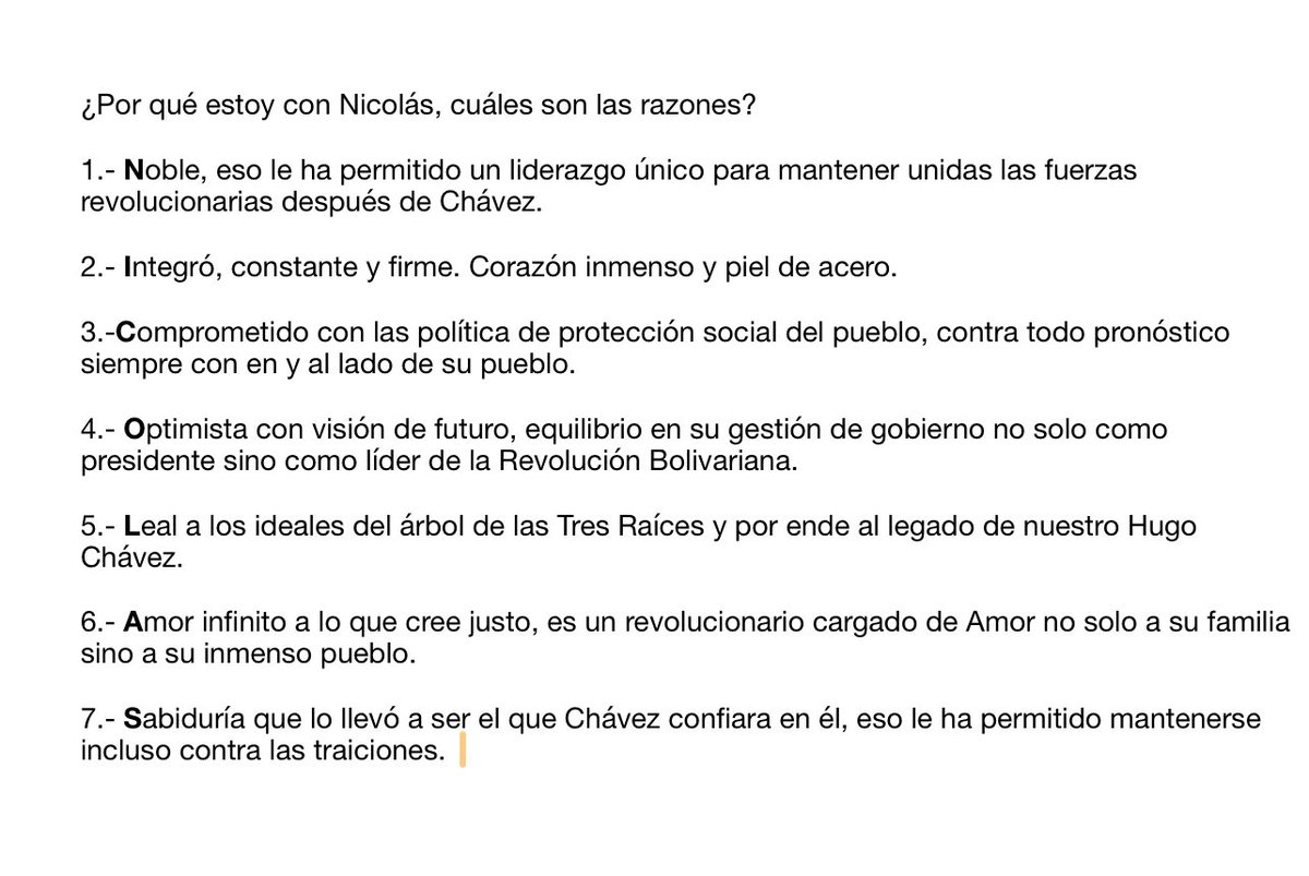 cdanelly's tweet photo. ¿Por qué estoy con Nicolás, cuáles son las razones? 

7 RAZONES A TRAVÉS DE UN ACRÓNIMO DEL NOMBRE DE NICOLÁS:
@NicolasMaduro @NicoLike2024 
@rmenendezp @ConCiliaFlores @PartidoPSUV 
@HectoRodriguez 
@4F_Mamba 
@dcabellor https://t.co/ooIr1uEHjA