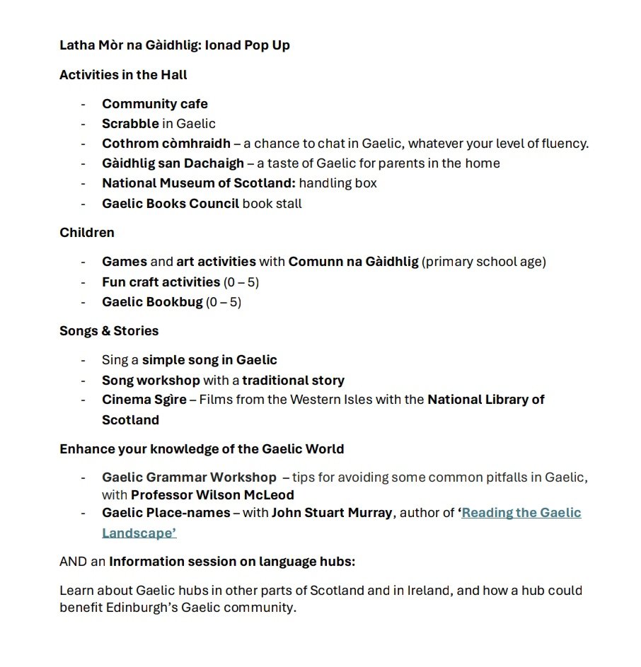 Latha Mòr na Gàidhlig
15 June 2024
A big day of Gaelic events for the Gaelic community in Edinburgh!
10.00 – 16.00: Darroch, 7 Gillespie Street, Edinburgh
Drop-in, free entry, community cafe and activities for all! 
ionaddhuneideann.org/events/latha-m…