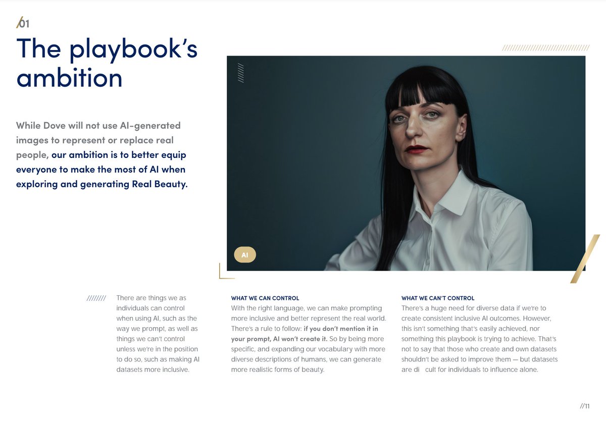 KristyT's tweet photo. Dove released a generative AI prompt playbook that outlines methods of creating humane and inclusive beauty when generating AI imagery. This is very forward brand thinking. https://t.co/Adn9S6ngcA https://t.co/MXfvvhwUBP