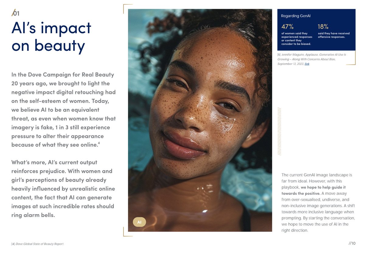 KristyT's tweet photo. Dove released a generative AI prompt playbook that outlines methods of creating humane and inclusive beauty when generating AI imagery. This is very forward brand thinking. https://t.co/Adn9S6ngcA https://t.co/MXfvvhwUBP