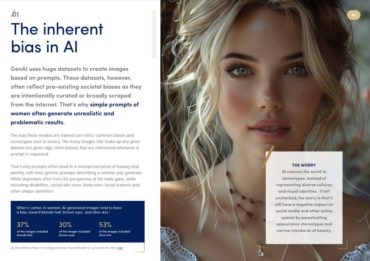 KristyT's tweet photo. Dove released a generative AI prompt playbook that outlines methods of creating humane and inclusive beauty when generating AI imagery. This is very forward brand thinking. https://t.co/Adn9S6ngcA https://t.co/MXfvvhwUBP