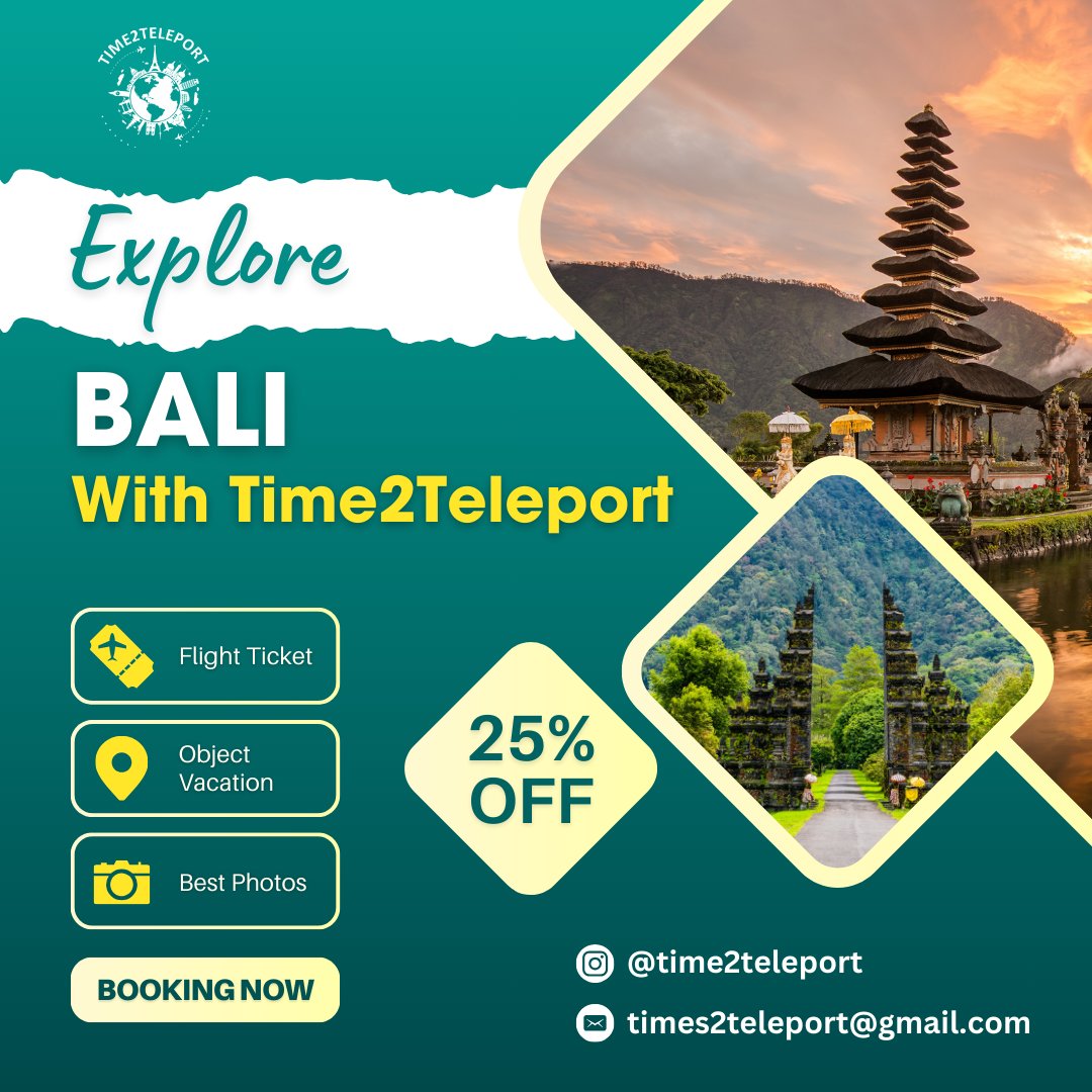 time2teleport's tweet photo. Time2Teleport to Bali and save 25%! 🌴🌸 Embrace the beauty and culture of Bali on your next vacation. Book now and start exploring!

Follow @time2teleport to Explore

#Time2Teleport #ExploreBali #TravelDeals #BaliTravel #BookNow #TravelWithUs #DiscountTravel #BaliAdventure https://t.co/yIzNoDaRs0