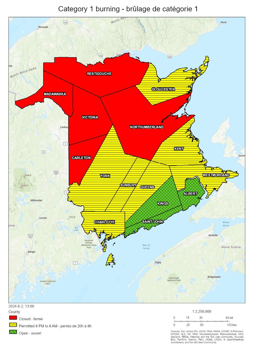 NBForestFires's tweet photo. Burning conditions are valid from 2 PM June 02 to 2 PM June 03. 
The following counties are open for burning Albert, Kings, Saint John. The following counties are closed for burning: Carleton, Madawaska, Northumberland, Restigouche, Victoria. In all other counties burning is permitted between 8 PM and 8 AM.