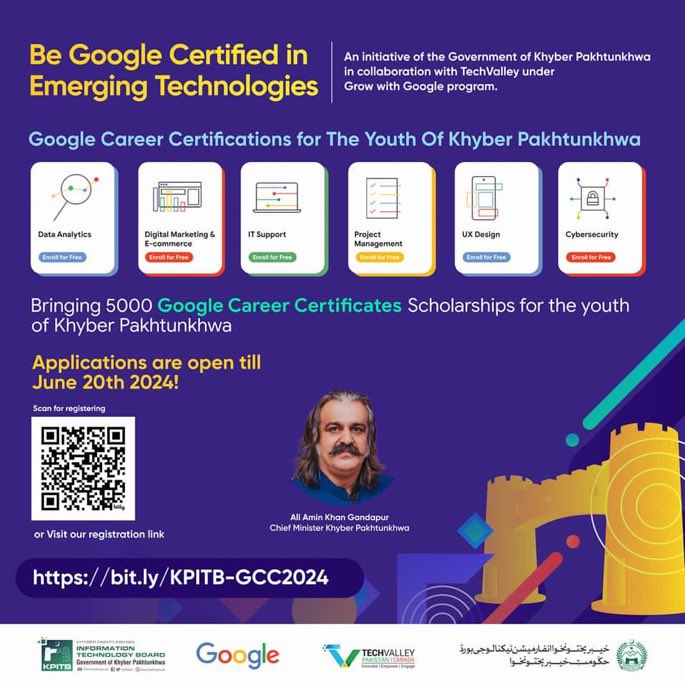 KPITB (@kpitbgov) on Twitter photo Exciting news!
The Khyber Pakhtunkhwa IT Board, led by CM Ali Amin Khan Gandapur, is launching Google Career Certificates Scholarships for 5000+ young individuals. Don't miss this chance to gain modern job skills!
Register now Exciting news!
The Khyber Pakhtunkhwa IT Board, led by CM Ali Amin Khan Gandapur, is launching Google Career Certificates Scholarships for 5000+ young individuals. Don't miss this chance to gain modern job skills!
Register now