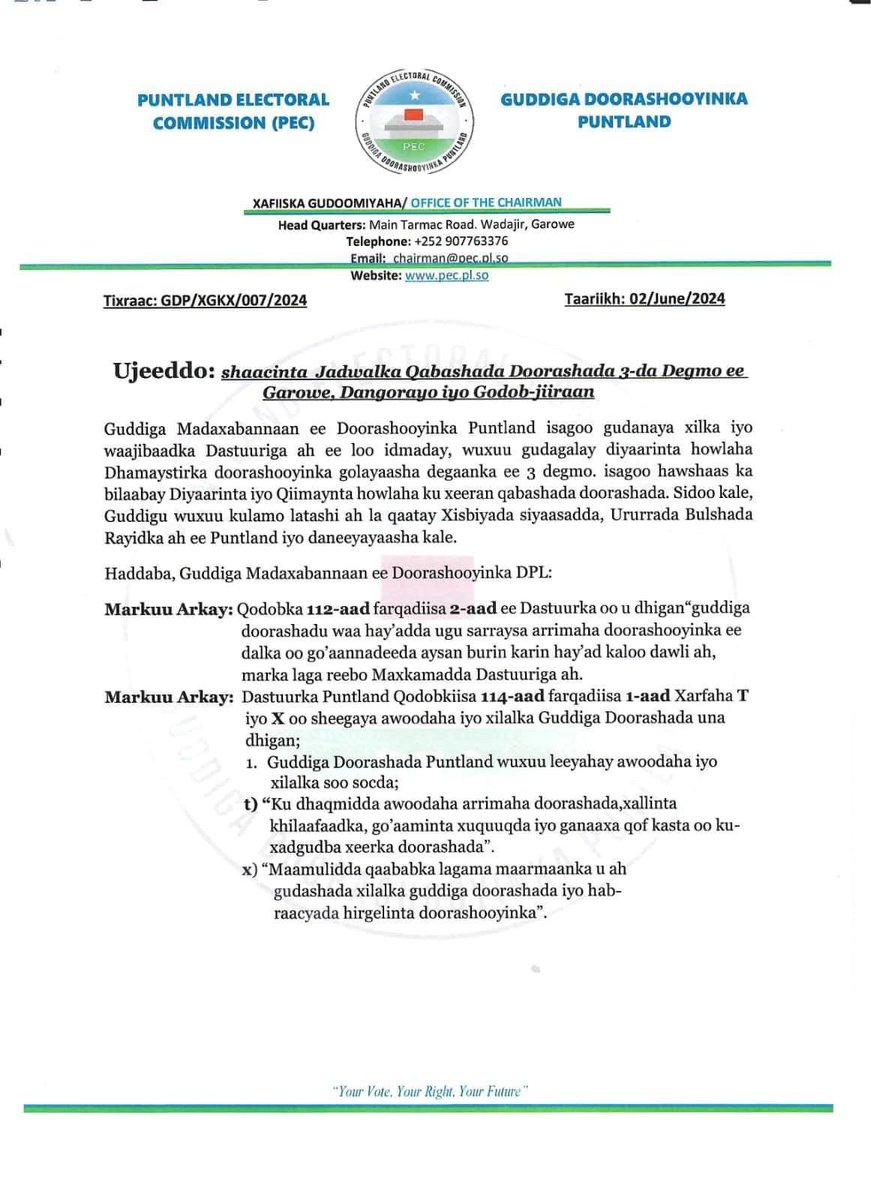 Mohameddharoor's tweet photo. The #Puntland Electoral Commission is to facilitate the conducting of local government elections for the three remaining districts: #Garowe, #Dangorayo and #Godob-jiiraan.
#puntlandfirst 👇 https://t.co/8Hhmb1UWpK
