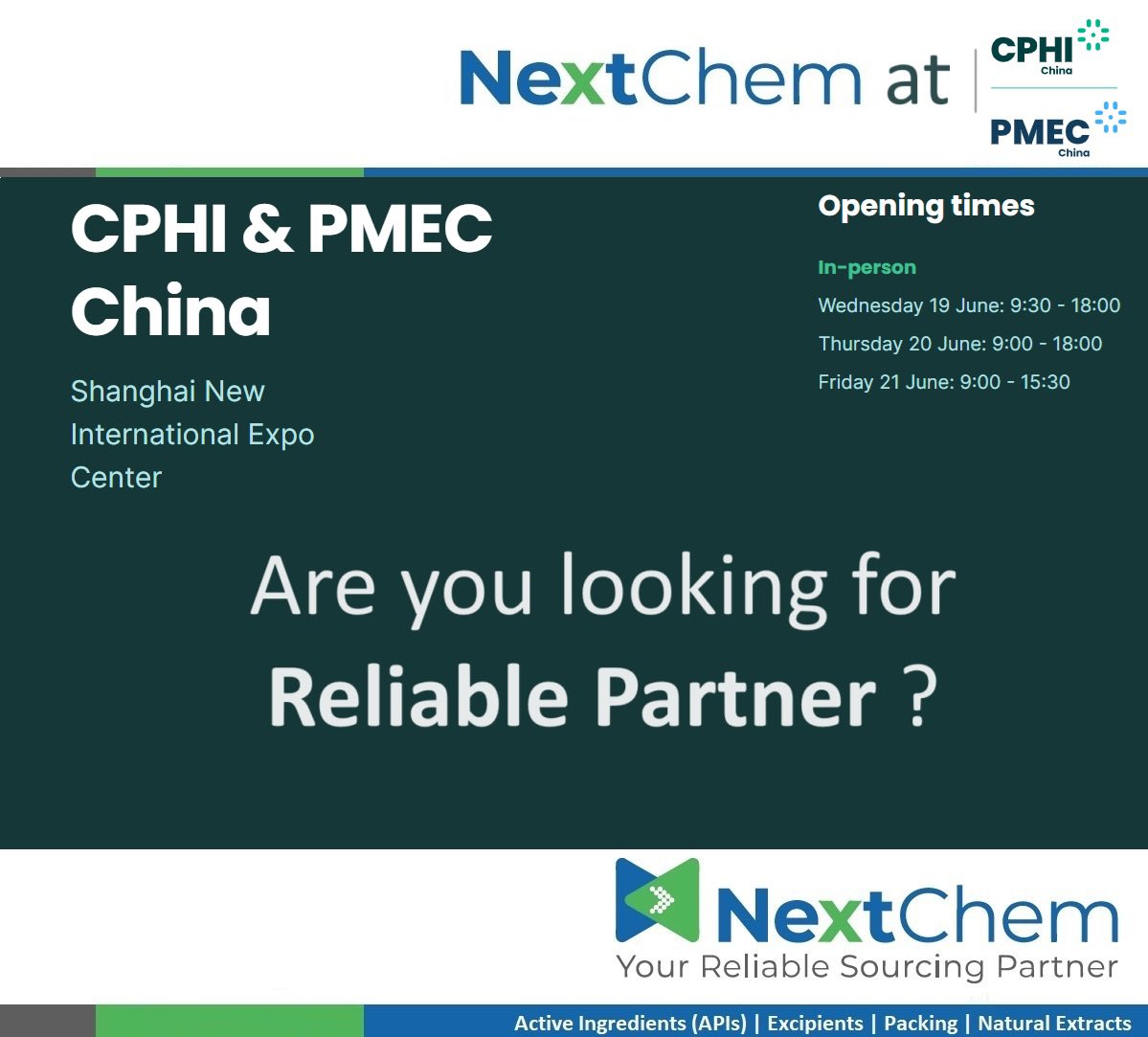 nextchempk's tweet photo. Are you looking for Reliable Partner ? at @CPhIChina reach-out:

@nextchempk 
#YourReliableSourcingPartner

@RaheelAmini 
@ziarat_rajput 
@ZohaibAhmed1986 

#CPHI #CPHIChina #CPHIChina2024 #CPHIShanghai #China #Shanghai #Networking #AtTheHeartOfPharma https://t.co/tsEFmjTMOp