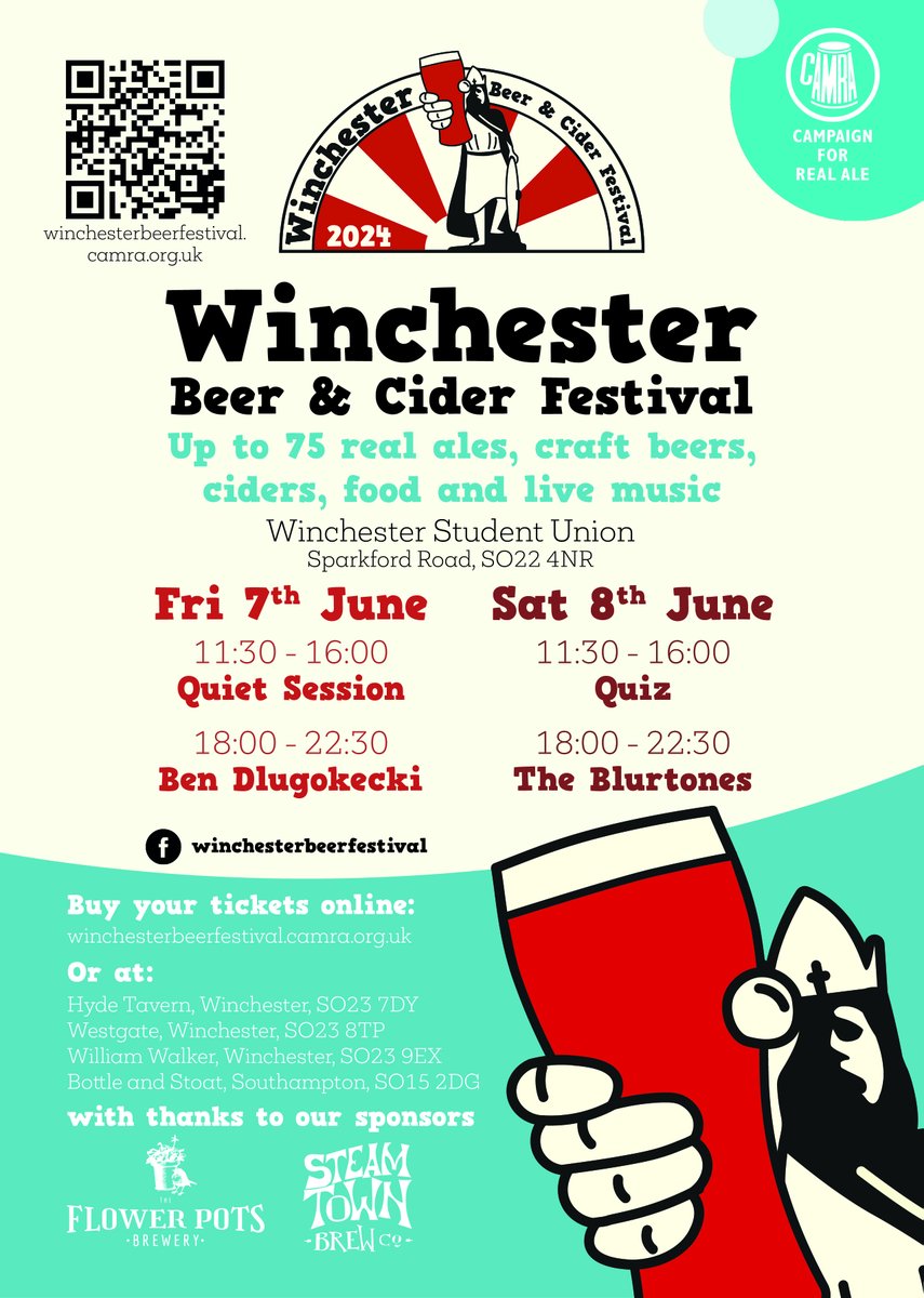 WinchBeerFest's tweet image. 5⃣ days until we open the doors to up to 7⃣5⃣ #realales, #ciders. #Perrys #CraftBeer from @bottleandstoat/@OlafsTun Music from @dlugokecki and #Blurtones, the festival #Quiz &amp;amp; lots more! All with thanks to our sponsors @FlowerPotsBrew and @steamtownbrewco 
winchesterbeerfestival.camra.org.uk