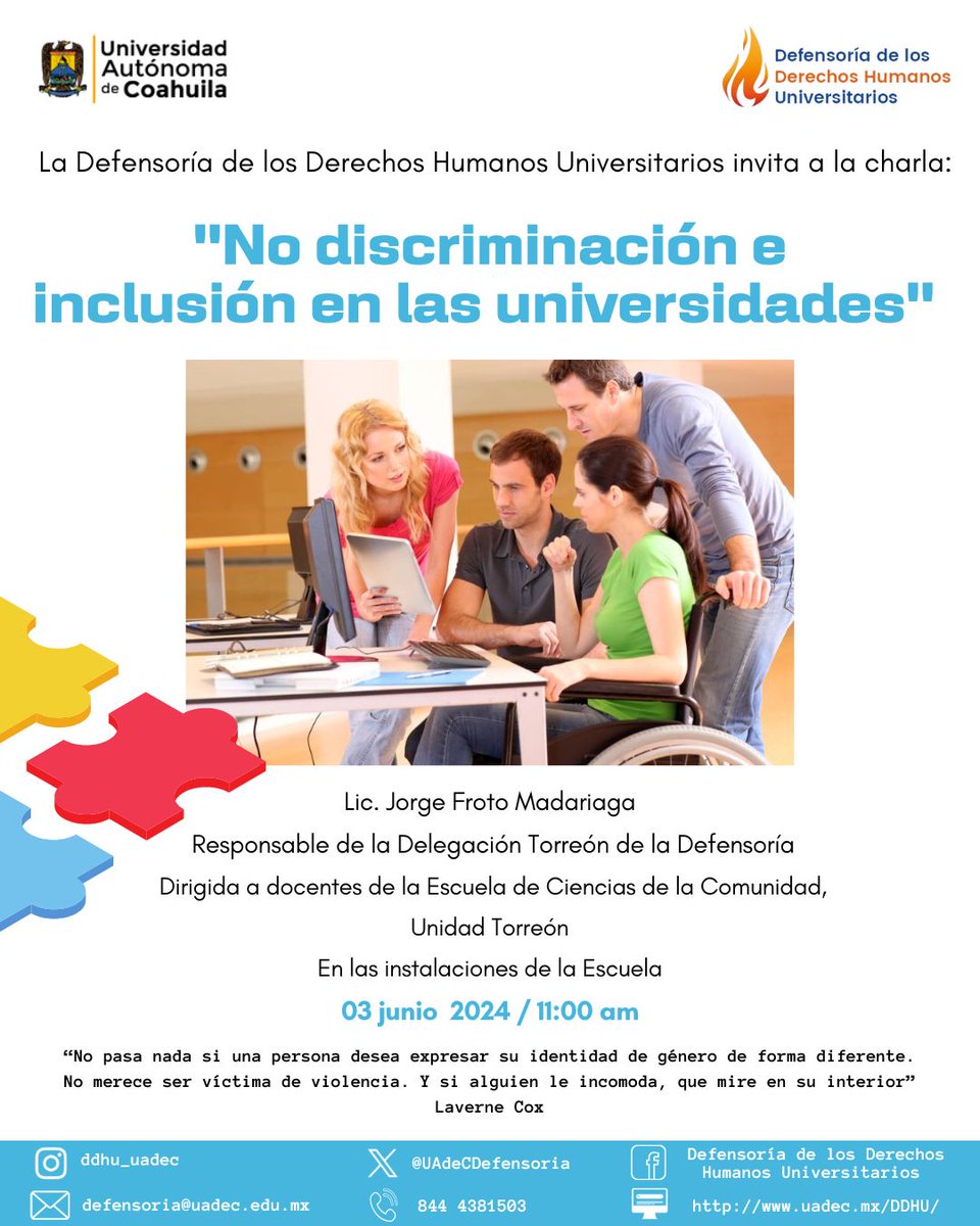 UAdeCDefensoria's tweet photo. Hoy 03 de junio, la Defensoría invita a docentes de la Escuela de Ciencias de la Comunidad, Unidad Torreón a la charla “No discriminación e inclusión en las universidades” en punto de las 11:00am
¡Les esperamos en las instalaciones de la Escuela!
#DefensoríaUAdeC #ZonaDDHH https://t.co/g4IkhN7vH7