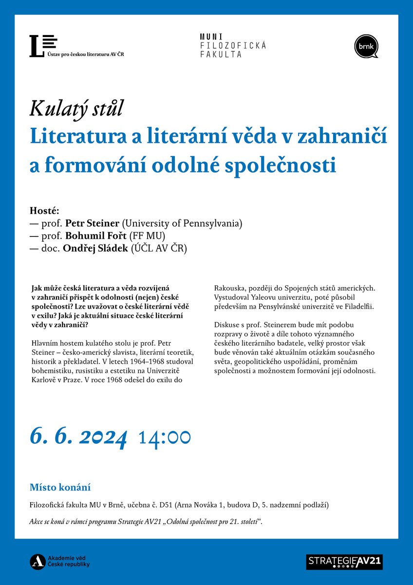 POZVÁNKY NA PŘÍŠTÍ TÝDEN

3. 6. představení knihy Dominika Melichara Krocení nestvůr nevědomosti 

4. 6. přednáška Jana Kremera Přijď království tvé: Vykoupení

6. 6. kulatý stůl Literatura a literární věda v zahraničí a formování odolné společnosti

➡️ ucl.cas.cz/aktuality/pozv…