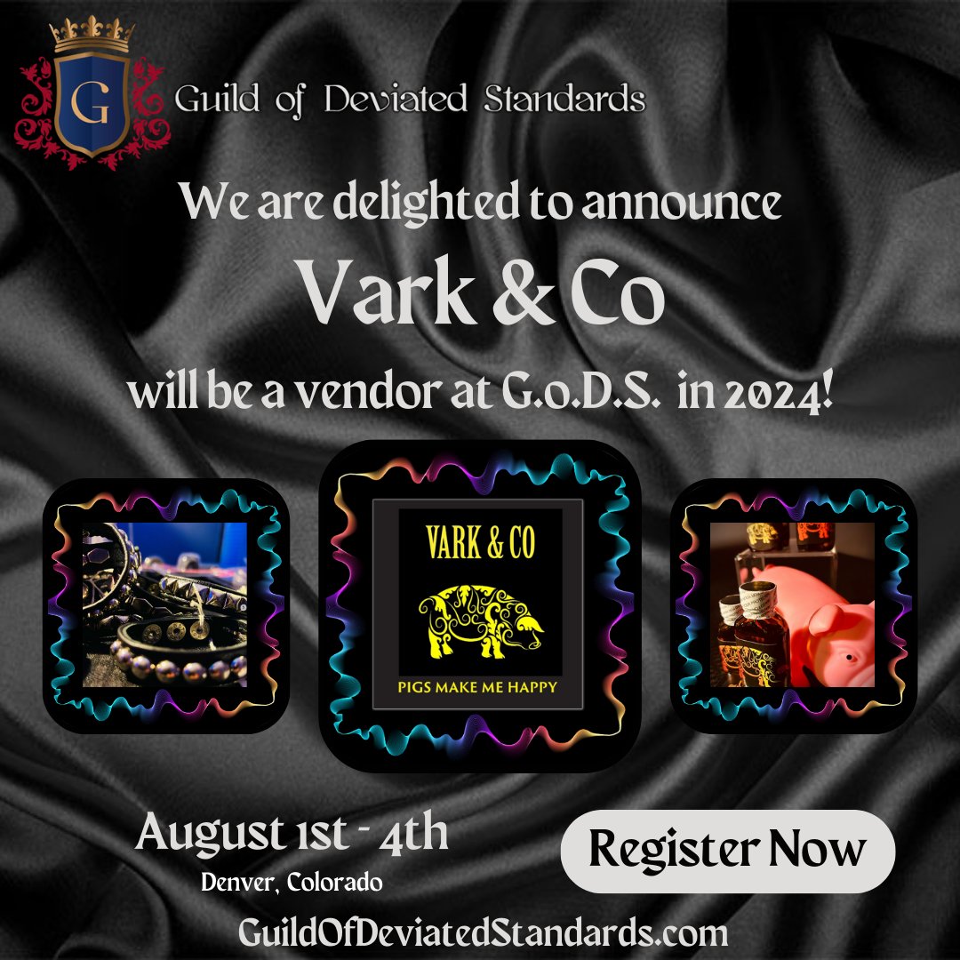 denver_ds's tweet photo. We are pleased to announce Vark & CO to our dynamic vendor mart this year. Check out their amazing products online at https://t.co/ABlRCfaTx7 while you wait to see them at Guild of deviated Standards, August 1-4, 2023.
#bdsmdenver #bdsmevents #kinkcommunity #leatherlife https://t.co/spboP3yj2T