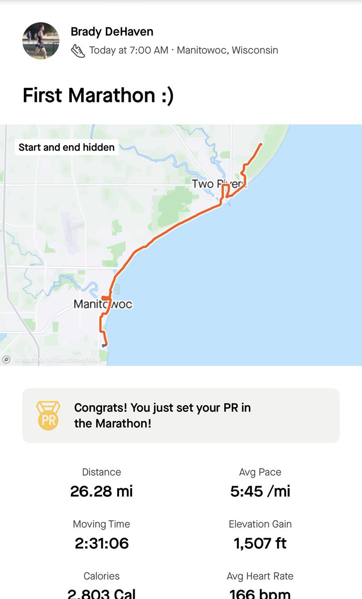 Dehaven3's tweet photo. First Marathon ✅ 2:31 and a Boston Qualifer. https://t.co/Sb3r9yueIU