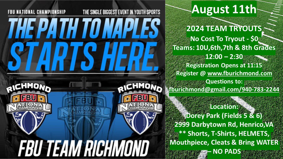 FBURichmond's tweet photo. It's go time    First tryout set for 8/11    You have what it takes to represent the state of VA on the largest youth football stage?!

Register at https://t.co/0cWAbdOTg2 https://t.co/nXaxxCOWr0