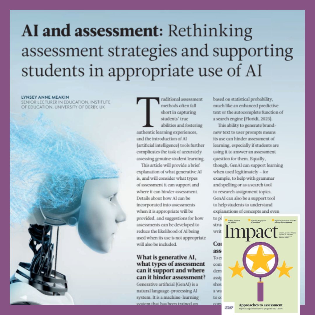 CharteredColl's tweet photo. In this article from our latest issue of #ImpactJournal, @LynseyMeakin explores navigating generative #AI for assessments - redesigning assessments, reducing misuse, fostering critical thinking, guiding appropriate AI use.

https://t.co/7vpCR24Y1s

#Assessment https://t.co/TtpzUp2Czb