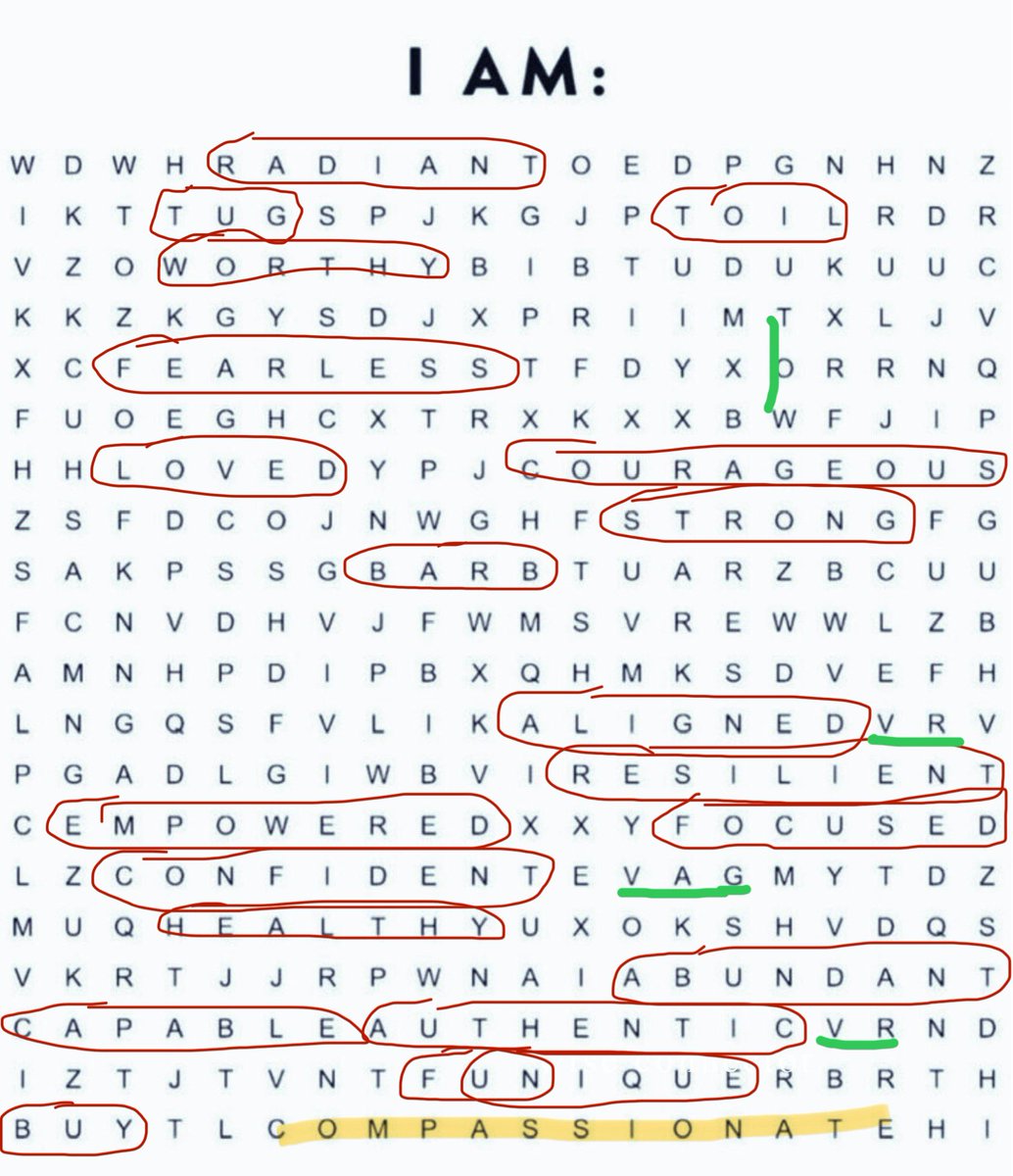 Circled a couple more than the original response of this that I did. The yellow is the first word. Green silly mood words.