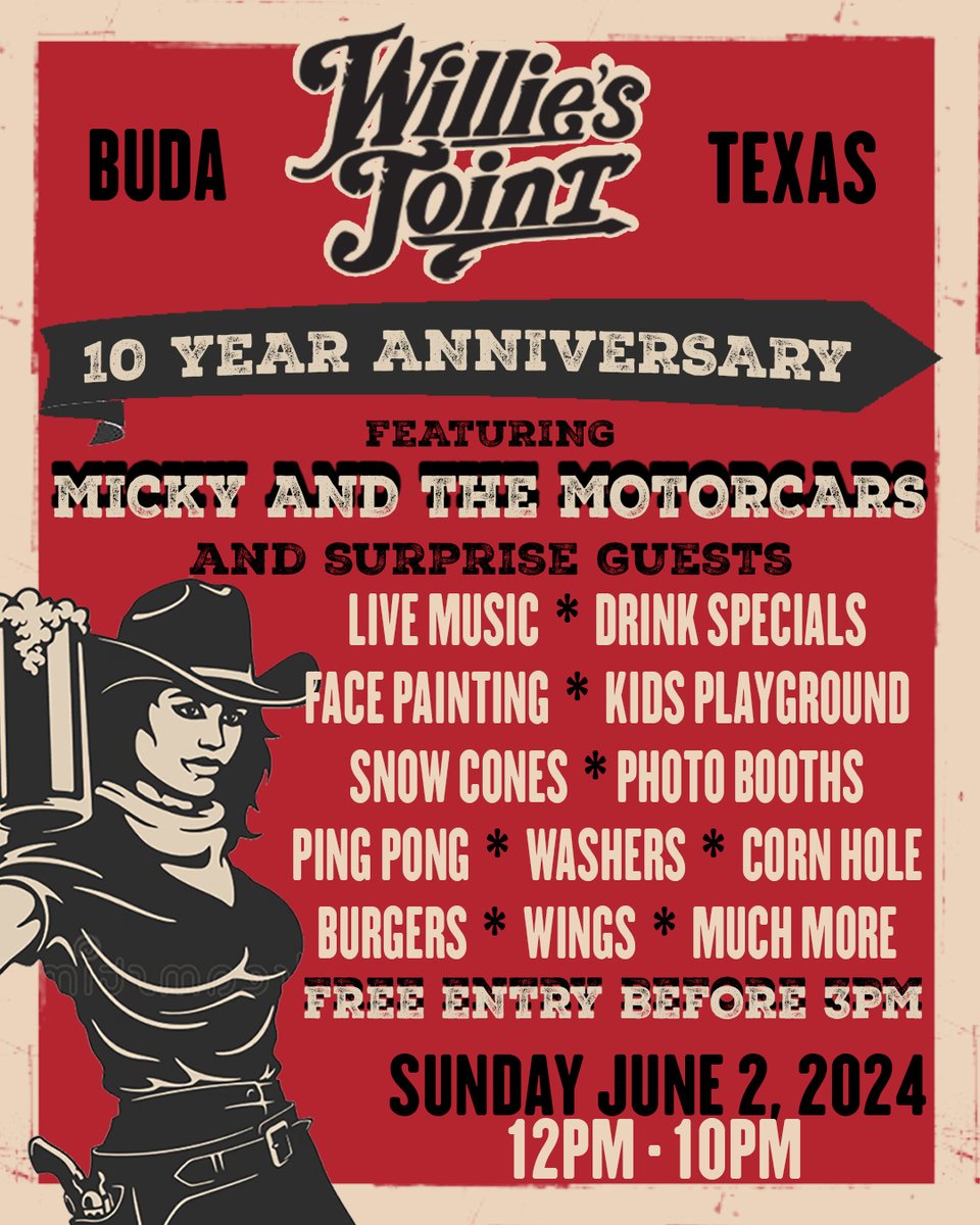 BudaSalsaFest's tweet photo. Our favorite place, Willie's Joint in Buda is celebrating their 10th Anniversary today.

We are headed over there for some live music, margaritas and some tacos.

We better see some friends there. https://t.co/ytuHXG3dkq
