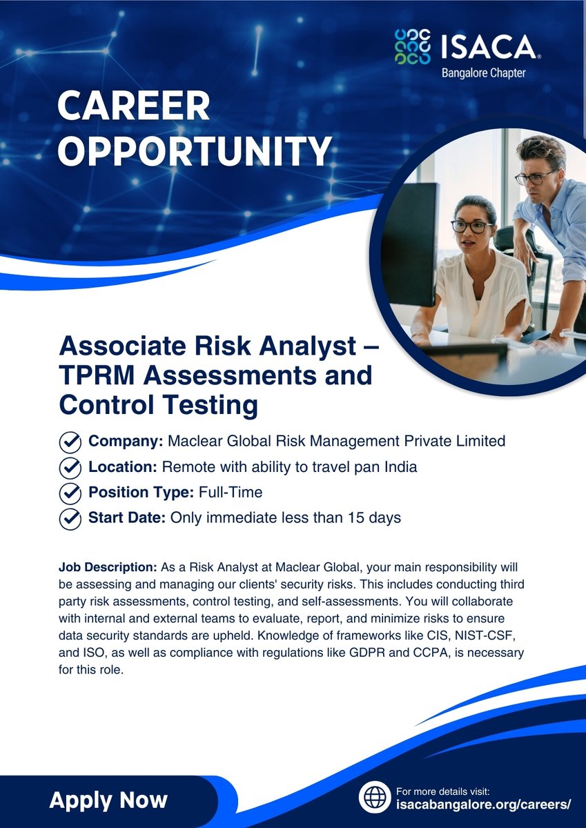 isacabc's tweet photo. We would like to announce a job opening at Maclear as a risk analyst.
Job Title: Associate Risk Analyst – TPRM Assessments and Control Testing
Location: Remote with the ability to travel pan India 
Type: Full-Time Start Date: Preferably immediate or within 15 days https://t.co/eT9j1Oz8kG