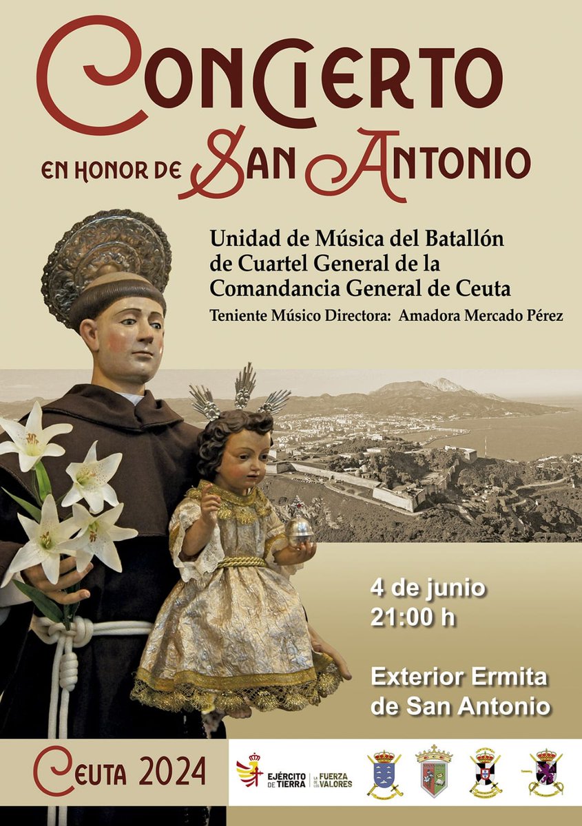 PlataformaMill1's tweet photo. El martes 4 de junio a las 21,00 horas, la Unidad de Música del Batallón del #CuartelGeneral #BONCG de #COMGECEU ofrecerá un concierto cívico-militar en el exterior de la Ermita de San Antonio de #Ceuta, dentro de los actos complementarios del #DIFAS2024.

Vía: @COMGECEU_ET. https://t.co/BgWjephhSR