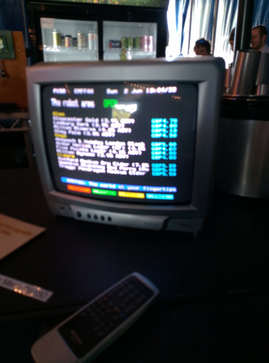 Great to see the Bar Menu at #emf2024 had a Teletext menu. (And complete service). Great stuff <a href="/mscroggs/">Matthew Scroggs</a>