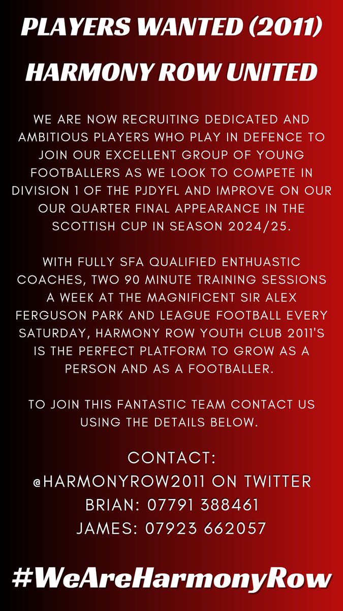 HarmonyRow2011's tweet image. Harmony Row United (2011) are looking to add defenders to their group.

Contact them at the details on the flier or message @jamesmcgroarty4 on here.

#WeAreHarmonyRow

@ScottishYouthFA
