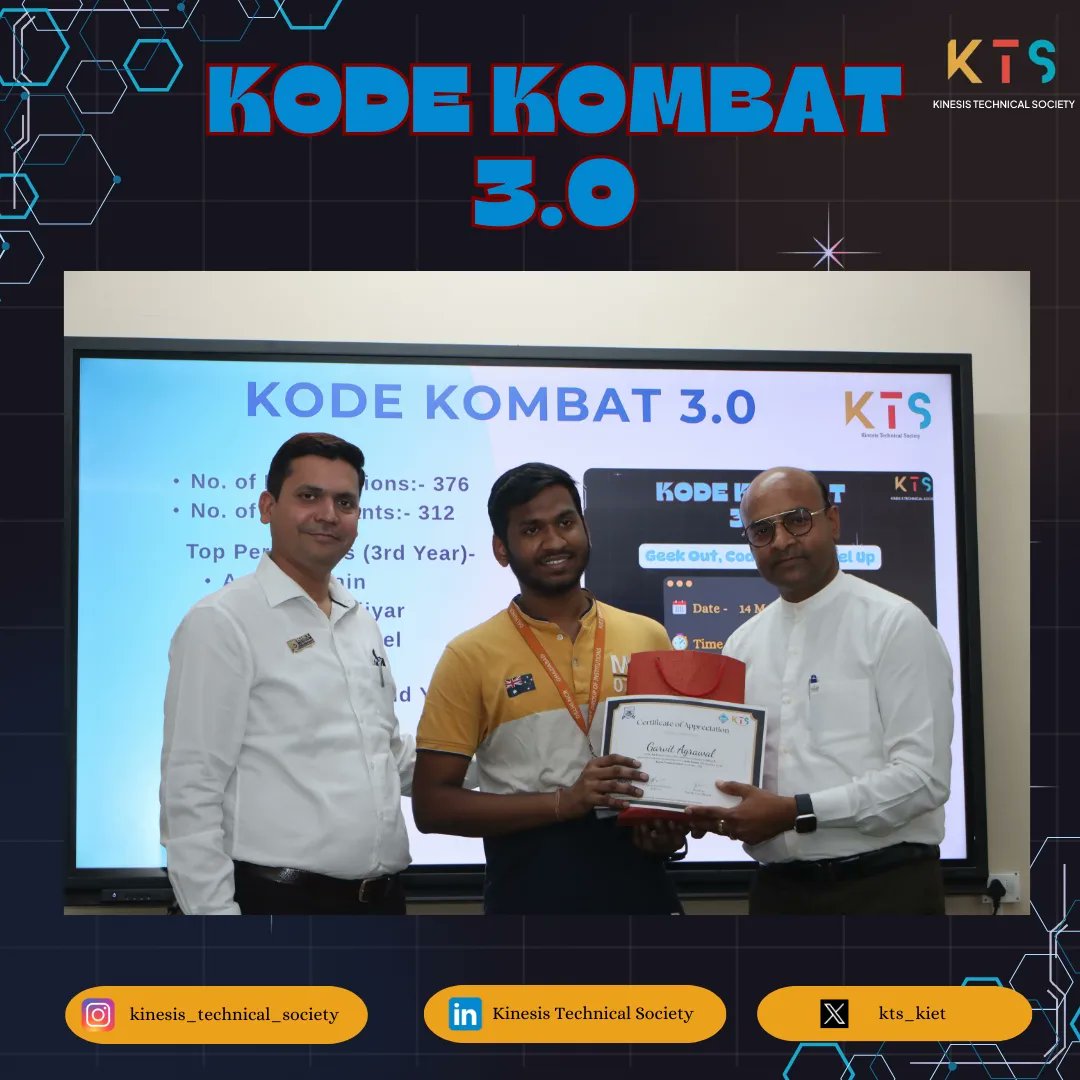 kts_kiet's tweet photo. Huge congrats to the Kode Kombat winners! 🏆 
Honored to have Joint Director sir, HoD CS, and Add. HoD CS with us. 

Special thanks to Garvit Agarwal, CS 3rd yr for organizing and Dr. Harsh Khatter and Mrs. Arti Sharma ma'am for their support! 🎉👏 
#KodeKombat3 https://t.co/hWToM2ywCE
