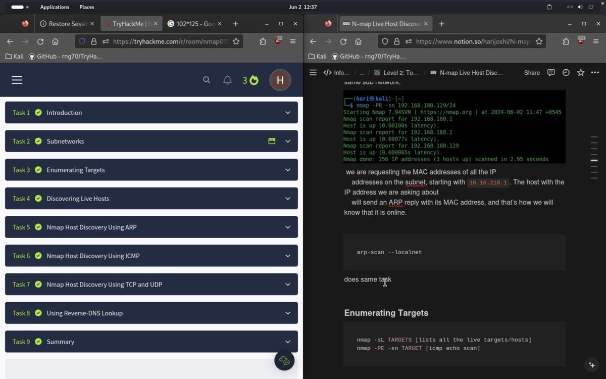 sometimesHari__'s tweet image. THM room: nmap live host discovery 
Practical Ethical Hacking course: Linux commands  
#LSPPD2
#60DaysOfLearningWithLeapfrog #LearningWithLeapfrog
@lftechnology