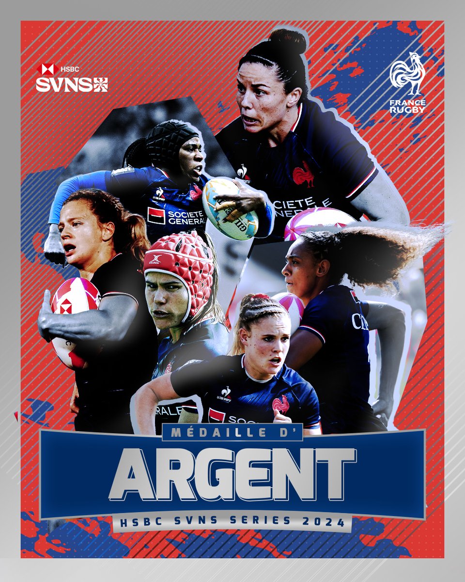 FranceRugby's tweet photo. 🥈 𝗠𝗘𝗗𝗔𝗜𝗟𝗟𝗘 𝗗'𝗔𝗥𝗚𝗘𝗡𝗧

👏 Pour la 3e fois de leur histoire, les Bleues de #France7 montent sur le podium des @SVNSSeries !

💪 Merci et bravo les filles ! Rendez-vous à @Paris2024 💙🇫🇷

#HSBCSVNSMAD | @rugbypass_fr https://t.co/dgA2bJ682E