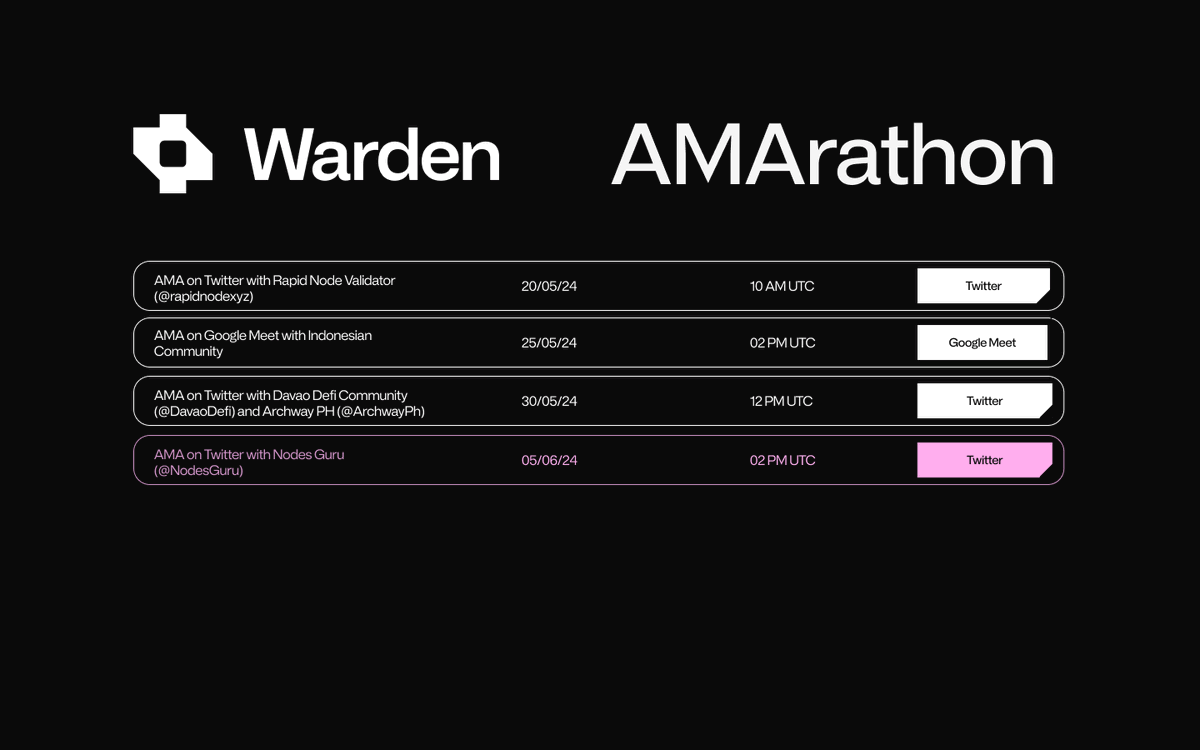 wardenprotocol's tweet photo. AMArathon - Sprint 2 🔥🤝 

Our next AMA is coming soon, with our friends, partners and validators from @NodesGuru ❤️ 
📆 05.06.24 at 02 PM UTC 
📢 https://t.co/0aTsD5O2tq 

Looking forward ❤️🚀