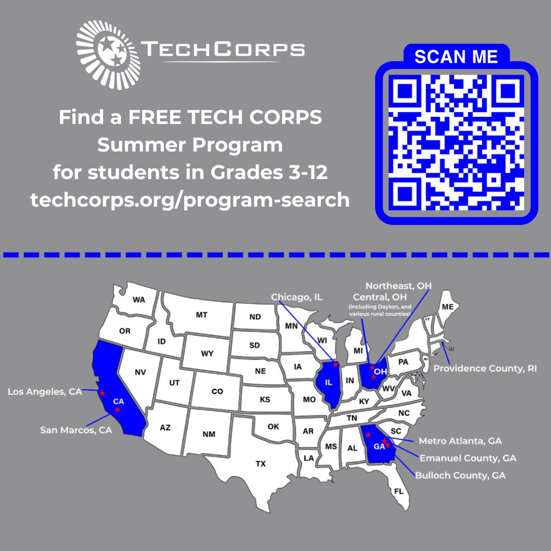 techcorpsus's tweet image. Find summer programs for 3rd through 12th grade students in California, Georgia, Illinois, Ohio, and Rhode Island. Explore our publicly accessible programs, each with specific eligibility criteria. Program Search techcorps.org/program-search. 
#summercamps #workbasedlearning #wbl