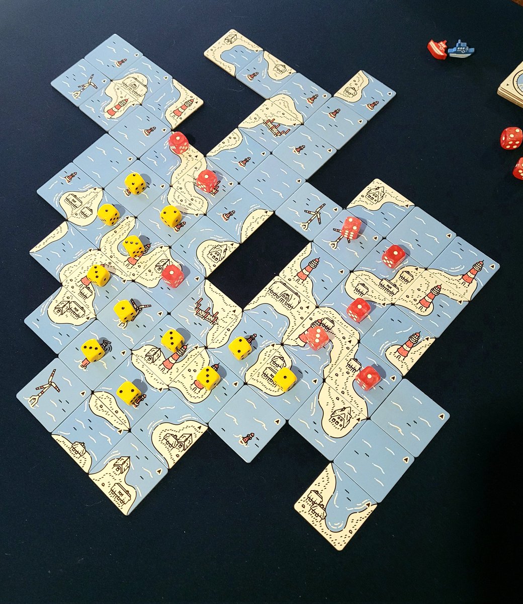 CultCardboard's tweet photo. Another day of Beacon Patrol.  Another day we failed to get out of the Novice tier. This game is deceptively tough. This time we included the two mini expansions, piers and windmills, so we had more to think about.

I saw this tip used; use dice to keep track of scoreable tiles. https://t.co/JSnV3GWVfv