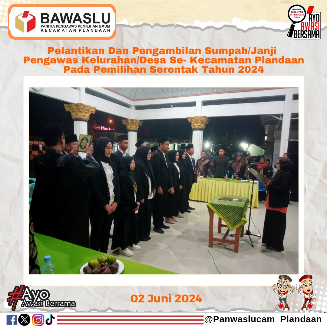 Panwasplandaan's tweet photo. Pelantikan Dan Pengambilan Sumpah/Janji Pengawas Kelurahan/Desa Se- Kecamatan Plandaan Pada Pemilihan Serentak Tahun 2024.
02 Juni 2024.

#Bawaslu
#BawasluJatim
#BawasluJombang
#Panwaslu
#AwasiCegahTindak
#BawasluMengawasi
#AyoAwasiBersama
#PemiluPemilihan2024 https://t.co/wihkT2OaMO