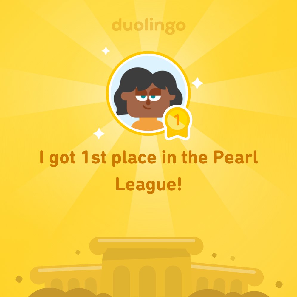 I finished 1st place in Pearl League on <a href="/Duolingo/">Duolingo</a>!