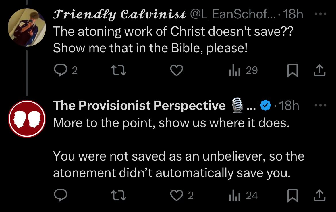 ProvisionistP's tweet photo. Where does the Bible say the atonement saved you?
Were you already “saved” as an unbeliever?
#Questions4Calvinists https://t.co/kZY8Swjnrj