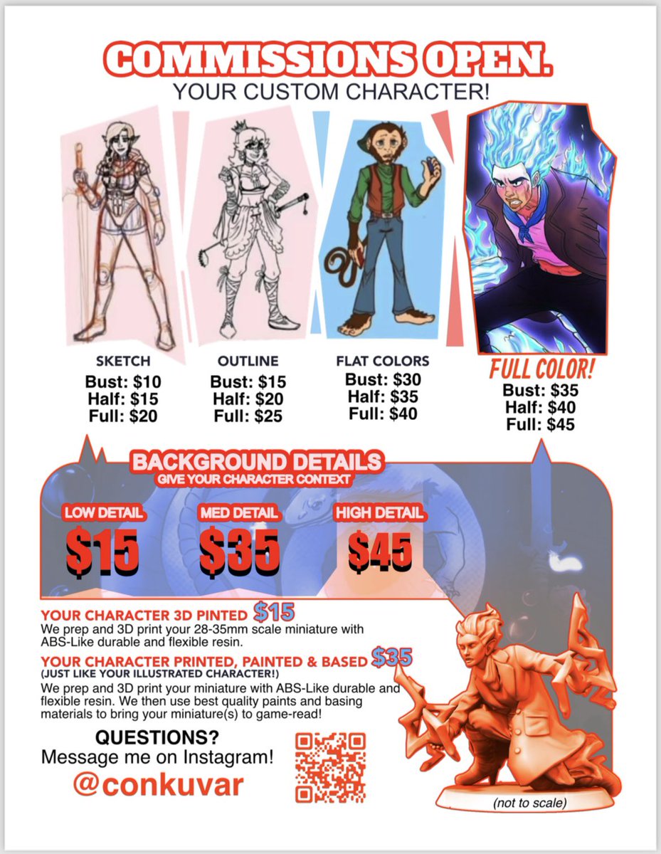 conkuvar1's tweet photo. Heya everyone! Whether you are interested in some character artwork, a mini, or both, I’ve got you covered! 

Feel free to contact me if you have questions or inquiries!

(Also ask about animation!)

#dungeonsanddragons #forhire 
#characterart #heroforge #miniature https://t.co/b1ni5Hwjcm