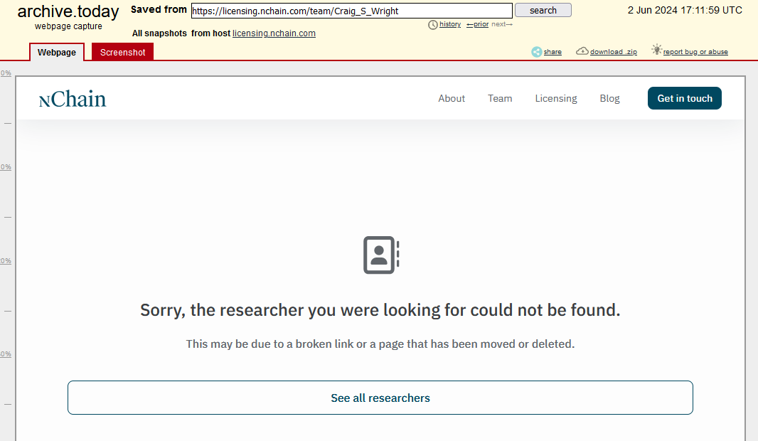 Along with gullible mark @calvinayre, who spent A DECADE wasting hundreds of millions of dollars on fake Satoshi @dr_cswright, throwing all mention of him into the memory hole on ayre.group website, the company they founded <a href="/nChainGlobal/">nChain</a> now follows suit

April/June