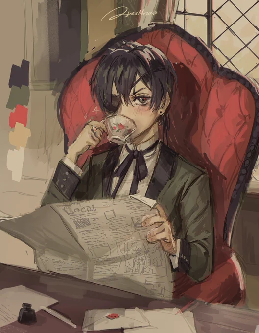 I wish I could clone myself so I can do a million things at once aaah. So busy. Heres a limited color palette sketch I did a few days ago! #Kuroshitsuji #cielphantomhive 