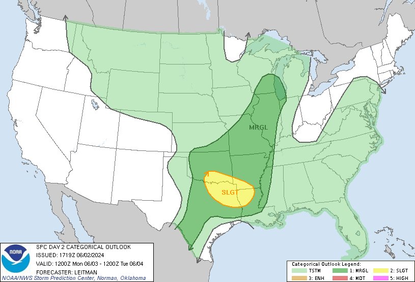 NWSSPC's tweet photo. 12:21pm CDT #SPC Day2 Outlook Slight Risk: from southeast Oklahoma into the ArkLaTex https://t.co/Y1WiOd8TQQ https://t.co/gKysGWUhgR