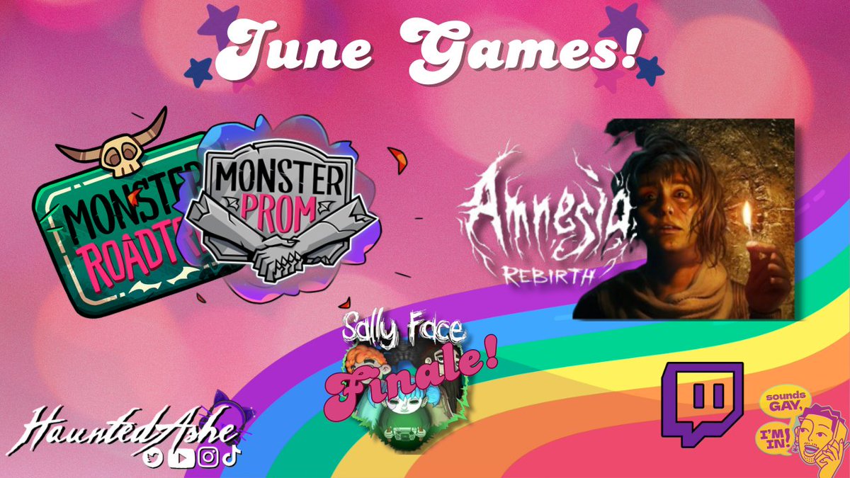 HauntedAshe's tweet photo. 🏳️‍🌈 HAPPY PRIDE MONTH!!! 🏳️‍🌈
Completing the LAST chapter of Sally Face 😭 
Starting Amnesia Rebirth (for real this time) for Spooky Saturdays, and revisiting the 
Monster Prom franchise on Thursdays! 🏳️‍🌈
See you there at 7pm CST over on Twitch ❤️
#pride #pridemonth #lgbtq https://t.co/qt5hfbAoma