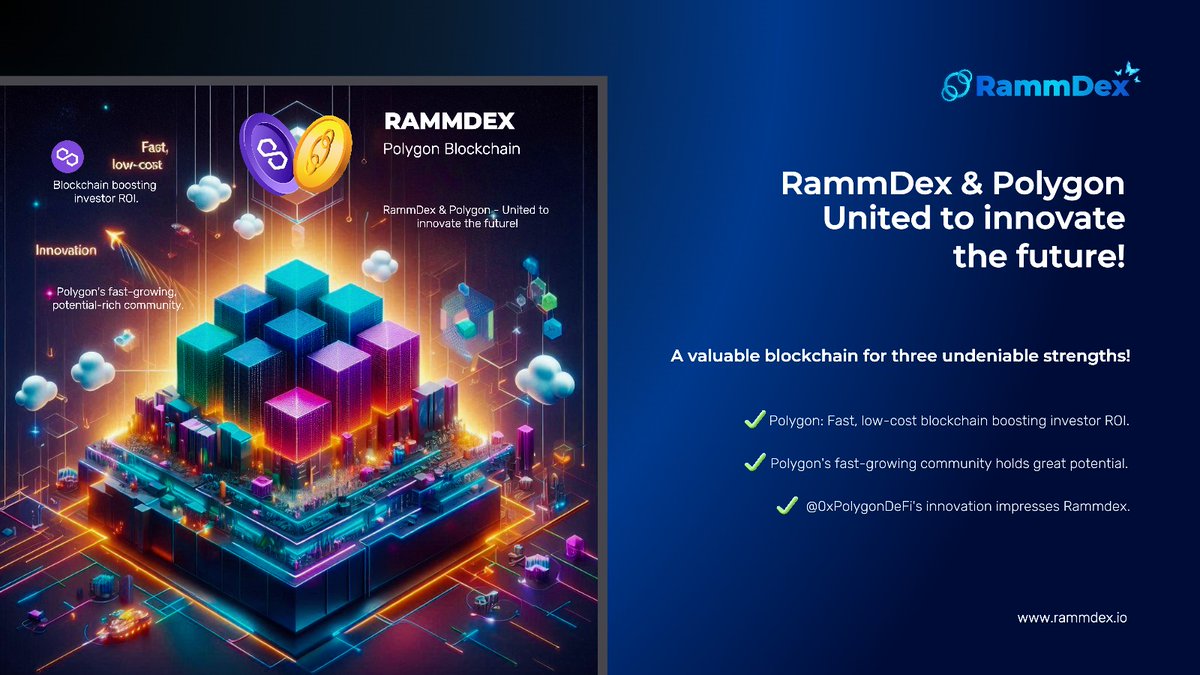 RammDex's tweet photo. RAMM @RammDex🦋  
Risk Automated Market Maker

Secret Revealed! The Smart Choice of RammDex - Why the Polygon Blockchain?🚀

Discover Rammdex's journey in choosing Polygon: A valuable blockchain for three undeniable strengths!

1. Polygon – A super-fast, low-cost blockchain solution that optimizes ROI for investors.
2. A large and rapidly growing community, Polygon holds great potential.
3. The highlight? The groundbreaking innovation capabilities of @0xPolygonDeFi have strongly impressed Rammdex.

RammDex & Polygon - United to innovate the future!🤝