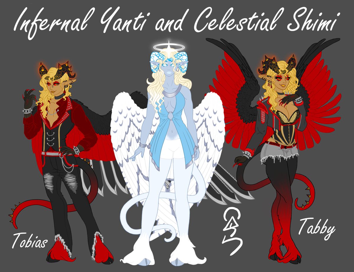 mommamaedae's tweet photo. I've been drawing some stuff for my dnd character. Haven't posted art in awhile so here's this. The red is Yanti with his 2 headspaces Tobias and Tabby. The white is his twin sister shimi. More in comments https://t.co/EPnLSqrShu