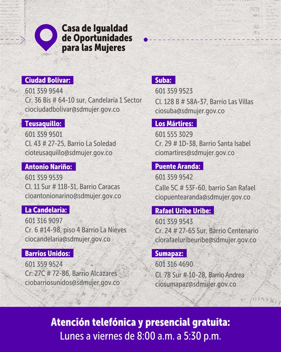 Bogota's tweet image. ¿Sabías que la @secredistmujer cuenta con 20 Casas de Igualdad de Oportunidades para las Mujeres #CIOM y 14 Casas de Justicia, que ofrecen diferentes servicios de orientación psicosocial, asesoría e intervención jurídica? 

👉🏻 Conoce más en sdmujer.gov.co

#NiUnaMás