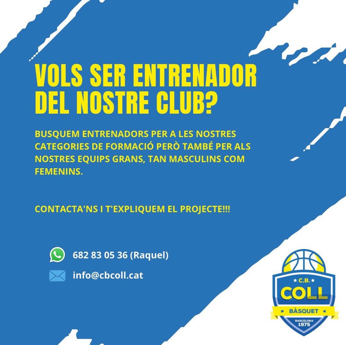 🏀🏀Busquem entrenadors i entrenadores per als nostres equips de formació però també per als equips grans. 

👉Contacta’ns i t’expliquem el projecte:

📧 info@cbcoll.cat
📱682 83 05 36 (Raquel)