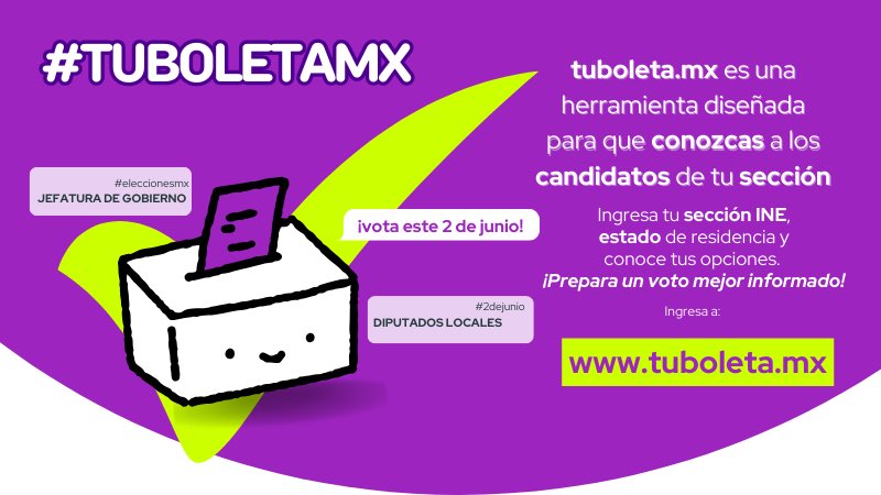 TuboletaMX's tweet photo. Nos piden el carro completo, pero... ¿sabes quién va a manejarlo en tu localidad? 🤓
👉🏼https://t.co/hWk16RFUfo, es una herramienta diseñada para que conozcas a los candidatos de tu sección. 
📲Ingresa tu sección INE, conoce tus opciones y prepara un voto mejor informado. 🗳️👍🏼

#2dejunio
#tueleccion2024
#eleccionesmexico 
#elecciones2024
#eleccionesmx 
#elecciones2024mx 
#eleccionesmx2024