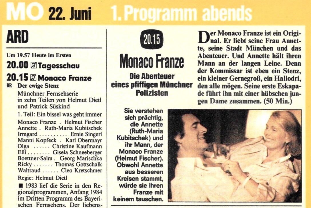 In Erinnerung an Ruth Maria Kubitschek zeigt das BR Fernsehen heute um 22.30 Uhr noch einmal die erste Episode von „Monaco Franze“.