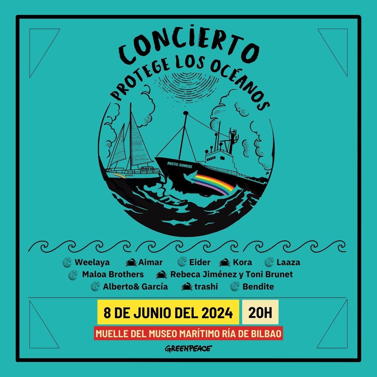 Además, Día Mundial de los Océanos ¡ven al concierto especial #ProtegeLosOcéanos!  🎶🐠🌊🪸💙
Artistas comprometidos unirán sus voces para recordar la importancia de proteger nuestros océanos

📍Arctic Sunrise, Muelle del Museo Marítimo Ría de Bilbao
¡Todo el mundo es bienvenido!
