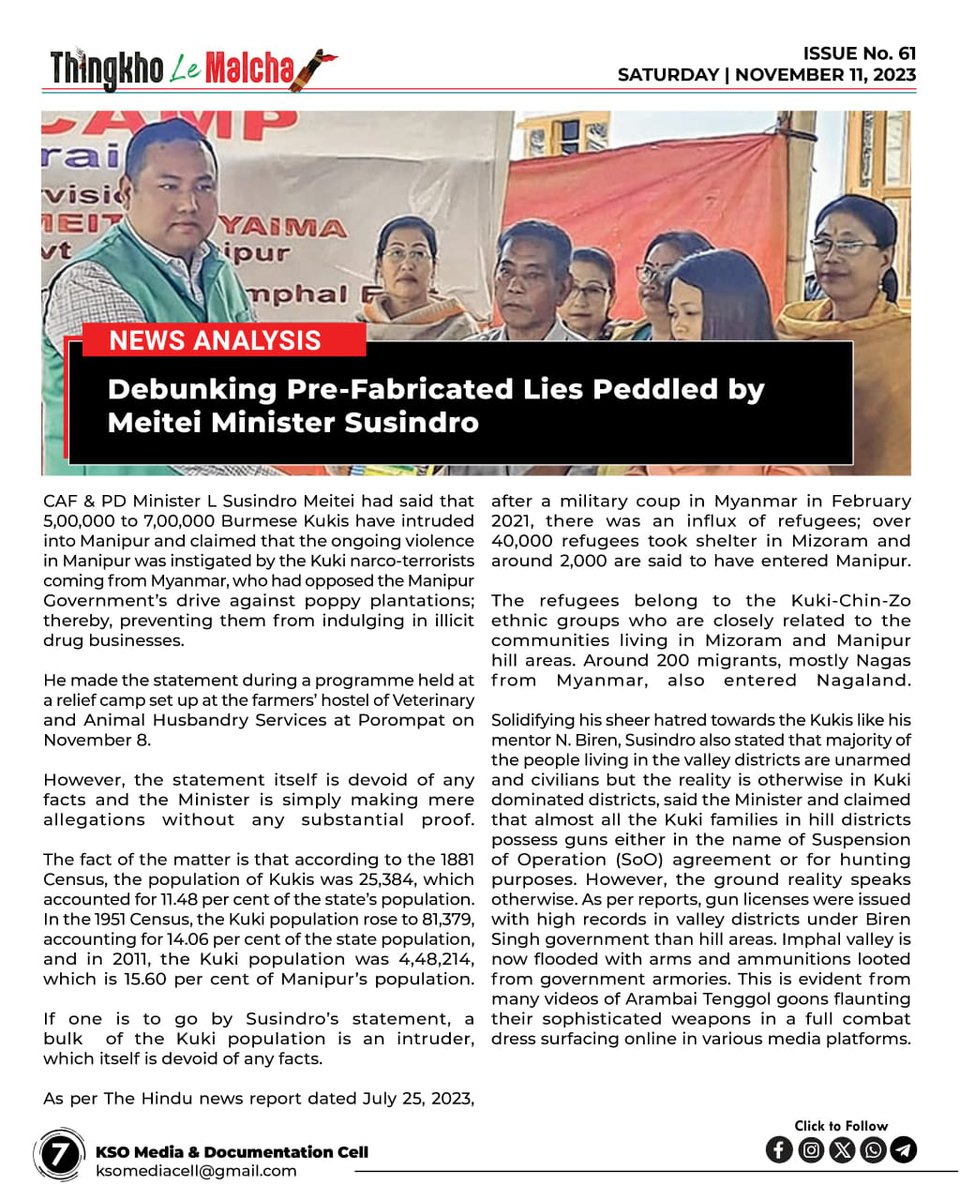 𝟏𝟏/𝟏𝟏/𝟐𝟑
📌 AramBaitenggol goons run the show in Imphal valley.
📌 Biren Singh in complicit with some radical elements: MLA Paolenlal
📌 Central security forces arrest 23 Myanmar based Meitei militants in Chandel.
📌 Petition filed for dismissing five JDU MLAs.
📌 CoTUs 48